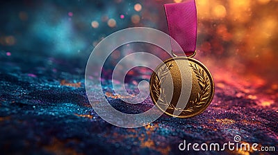 Gold medal with pink ribbon on colorful abstract background Stock Photo