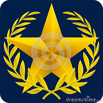 Gold medal star over metallic laurel wreath. Vector Illustration