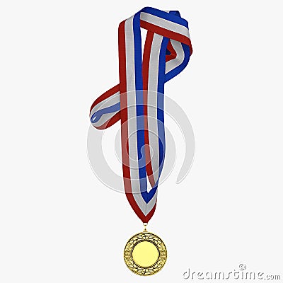 Gold medal with tricolor ribbon on white. 3D illustration Cartoon Illustration