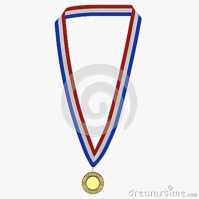 Gold medal with tricolor ribbon on white. 3D illustration Cartoon Illustration