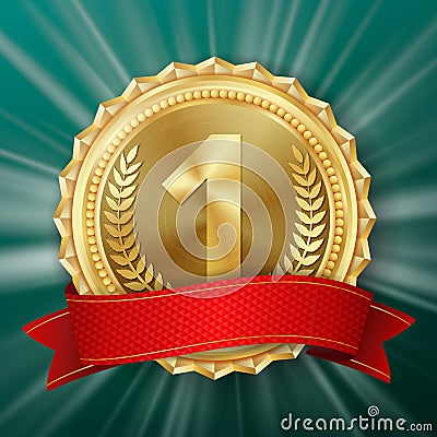 Gold Medal Vector. Golden 1st Place Badge. Metallic Winner Award. Red Ribbon. Olive Branch. Realistic illustration. Vector Illustration