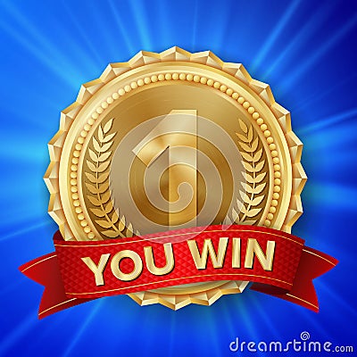 Gold Medal Vector. Round Championship Label. Ceremony Winner Honor Prize. Red Ribbon. Realistic illustration. Vector Illustration