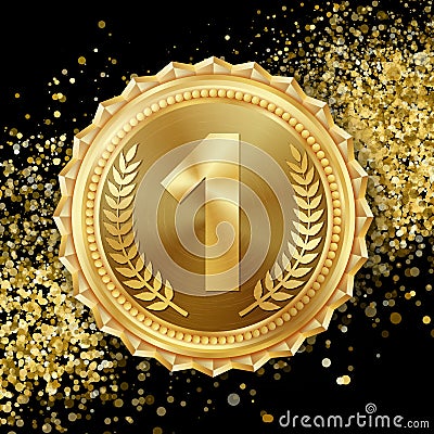Gold Medal Vector. 1st Place Achievement. Winner, Champion, Number One. Olive Branch. Realistic illustration. Vector Illustration