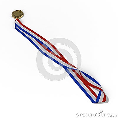 Gold medal on white-blue-red ribbon isolated on white. 3D illustration Cartoon Illustration