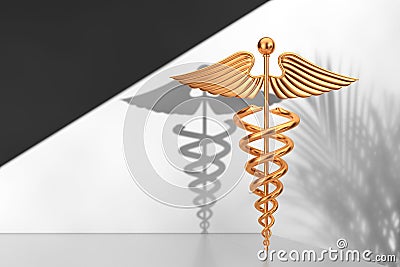 Gold Medical Caduceus Symbol on a White Product Presentation Podium Cube. 3d Rendering Stock Photo