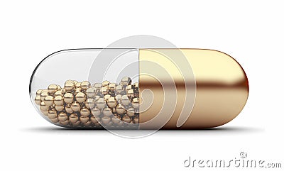 Gold medical pill 3D. Vitamins. Isolated Stock Photo