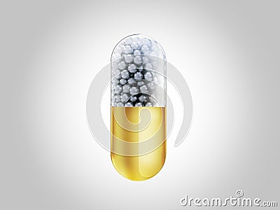 Gold medical pill capsule isolated on white background. 3D rendering illustration Cartoon Illustration