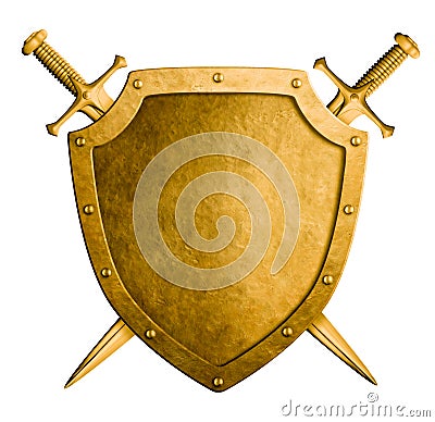 Gold medieval coat of arms shield and two swords isolated Stock Photo