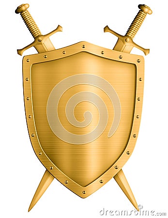 Gold medieval knight shield and crossed swords isolated Stock Photo