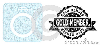 Scratched Gold Member Ribbon Seal Stamp and Mesh Carcass Gem Ring Vector Illustration