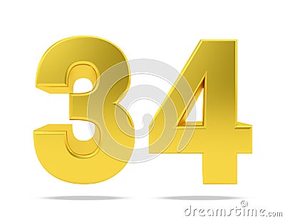 Gold metal number 34 thirty four isolated on white background, 3d rendering Stock Photo