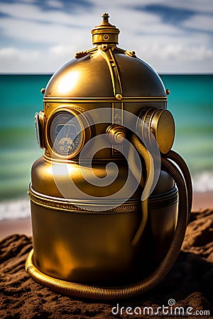 A gold metal object with a face mask on a beach - Ai Generated Stock Photo