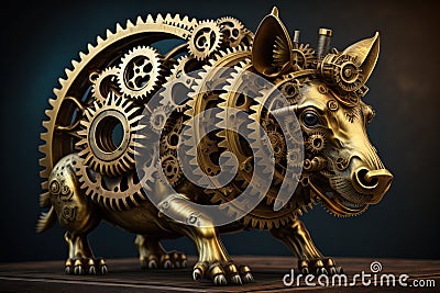 Gold metal piggy bank with gears and cogwheels on a dark background. generative ai Stock Photo