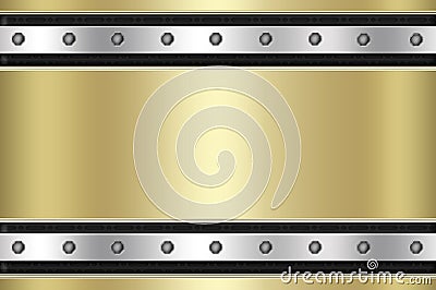 Gold metal plate on a black metal background. Stock Photo