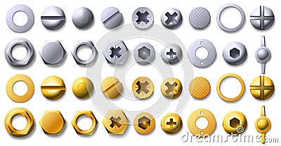 Gold and metal screw, rivet and bolt heads top view. 3d brass and steel nail, buttons, hexagon and circle shaped nuts Vector Illustration