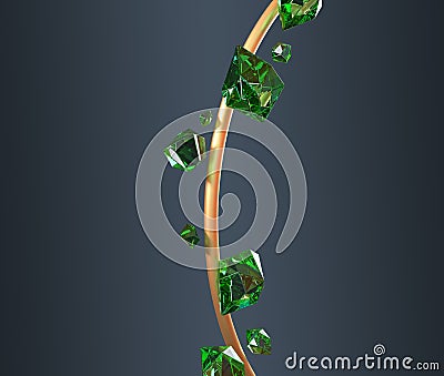 Gold metal wire line with green gem stones isolated on dark background 3d render. Luxury frame, border with flying Cartoon Illustration