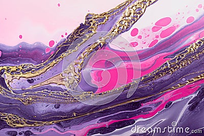Gold metallic waves on neon pink and purple swirls. Fluid Art. Marble effect background or texture Stock Photo