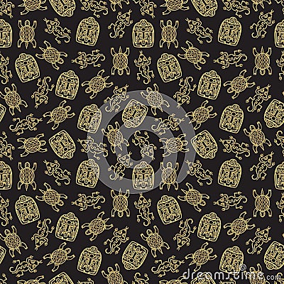 Gold mexican traditional symbols seamless pattern Vector Illustration