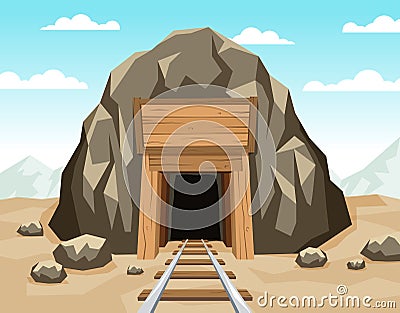 Gold mine entrance with rails in the rock Vector Illustration