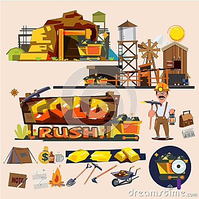 Gold mine with graphic elements. Miner character design. gold ru Cartoon Illustration