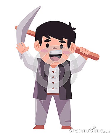 Gold miner digger labor holding pick axe kids boys wearing miner clothes Vector Illustration