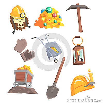 Gold mining, set for label design. Mining equipment, wild west. Colorful cartoon detailed vector Illustrations Vector Illustration