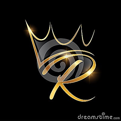 Gold Monogram Crown Logo Initial Letter R Vector Illustration