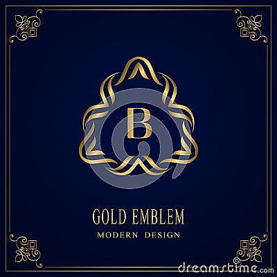 Gold Monogram. Letter B. Graceful Emblem Template. Simple Logo Design for Luxury Crest, Royalty, Business Card, Boutique, Hotel, Vector Illustration