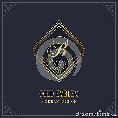 Gold Monogram. Letter B. Graceful Emblem Template. Simple Logo Design for Luxury Crest, Royalty, Business Card, Boutique, Hotel, Vector Illustration