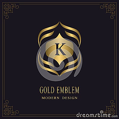 Gold Monogram. Letter K. Graceful Emblem Template. Simple Logo Design for Luxury Crest, Royalty, Business Card, Boutique, Hotel, Vector Illustration