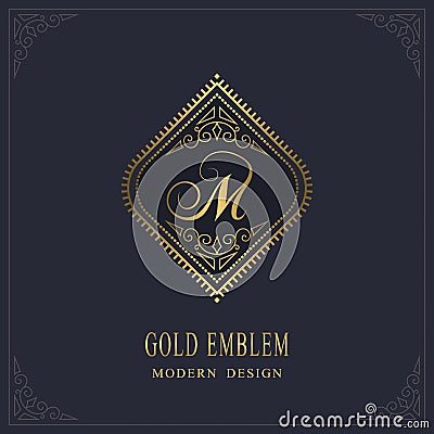 Gold Monogram. Letter M. Graceful Emblem Template. Simple Logo Design for Luxury Crest, Royalty, Business Card, Boutique, Hotel, Vector Illustration