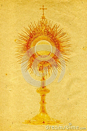 Gold monstrance on grunge paper Stock Photo