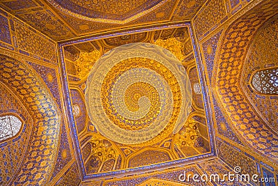 Gold mosaic dome in Tilya Kori Madrasah, Samarkand, Uzbekista Editorial Stock Photo
