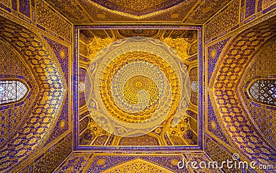 Gold mosaic dome in Tilya Kori Madrasah, Samarkand, Uzbekista Editorial Stock Photo