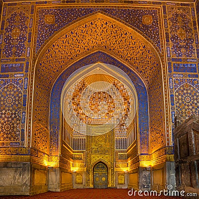 Gold mosaic in Tilya Kori Madrasah, Samarkand, Uzbekista Editorial Stock Photo