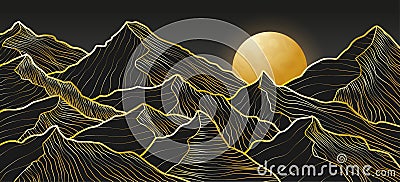 Gold mountains. Line art luxury background. Abstract hill relief, black and golden, nature, sun on map, foil texture Cartoon Illustration