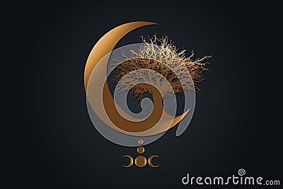 Gold Mystical Moon, tree of life Wicca sign. Sacred geometry. Golden luxury Logo, Crescent moon, half moon pagan Wiccan Vector Illustration