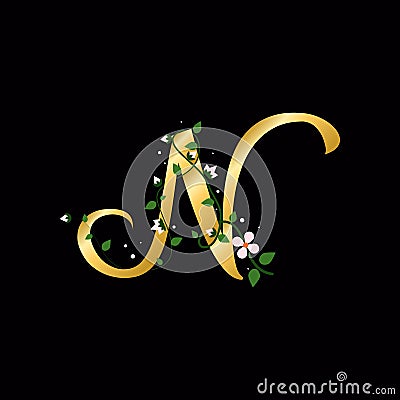 Gold N letter with flowers, alphabet illustration on black Cartoon Illustration