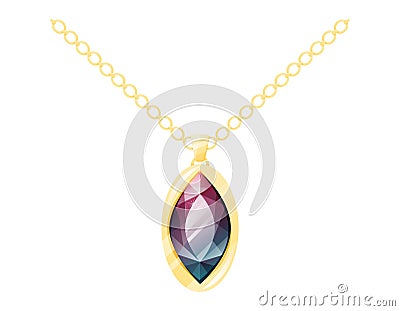 Gold necklace with burgundy realistic glowing gemstone ruby. Vector cartoon female jewelry, expensive royal chain. Vector Illustration