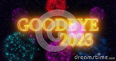 Neon color Goodbye 2023 Welcome 2024 text illustration with neon colorful fireworks in high-resolution. Cartoon Illustration