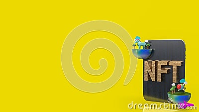 The gold nft text on tablet yellow background 3d rendering Stock Photo