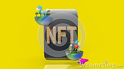 The gold nft text on tablet yellow background 3d rendering Stock Photo