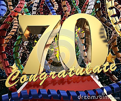 Gold number seventy with the words congratulations on a background of colorful ribbons and salute. 3D illustration Cartoon Illustration