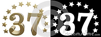 Gold number thirty seven, decorated with a circle of stars. 3D illustration Cartoon Illustration