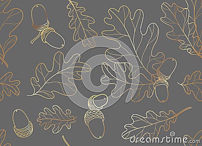 Gold oak leaves with acorn seamless vector background. Golden line abstract fall leaf shapes on dark background. Vector Illustration