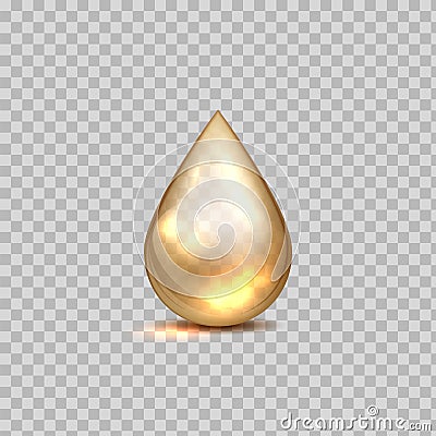 Gold oil drop. Petrol golden droplet. 3D falling blob on transparent background. Shiny liquid cosmetic essence or yellow Vector Illustration
