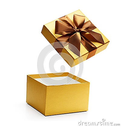 Gold open gift box isolated Stock Photo
