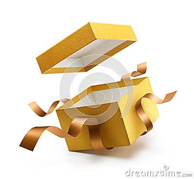 Gold open gift box with ribbon Stock Photo