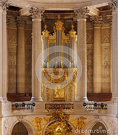 Gold organ inside the Royal Chapel of Versailles at Versailles Palace, Ile-De-France, France. Editorial Stock Photo