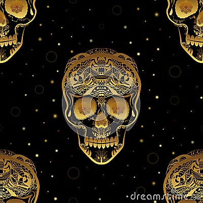 Gold ornamental sugar skull seamless pattern. Dia de los Muertas Stock Photo